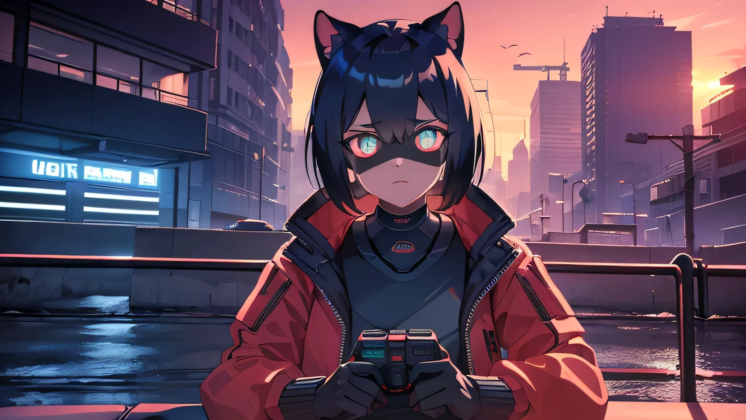 cyberpunk, portrait, Schwarz , Rot neon eyes, stilvoll tragen [Schwarz|Rot] Kleidung steht in einer Stadt, (sonnenaufgang:1.4), Street, kompliziert, fototealistisch , hole body, auf futuristischem motorrad sitzend 1.4