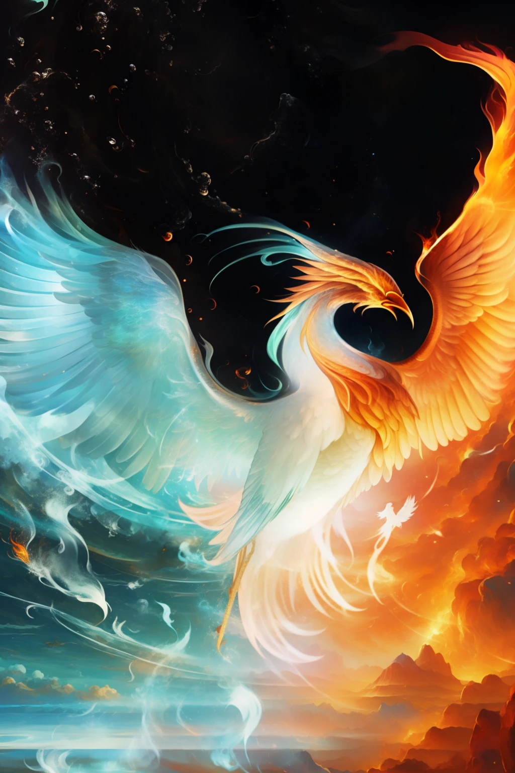 Close-up of a bird flying in the sky with fire, 「Phoenix Wallpapers」, phoenix rising, orange fire/The duality of Aomizu!, phoenix rising from the ashes,  Fire and water, 「Phoenix Wallpapers」 resting, ice and fire, phoenix in fire, Water and fire energy flow, phoenix-inspired, phoenix artwork