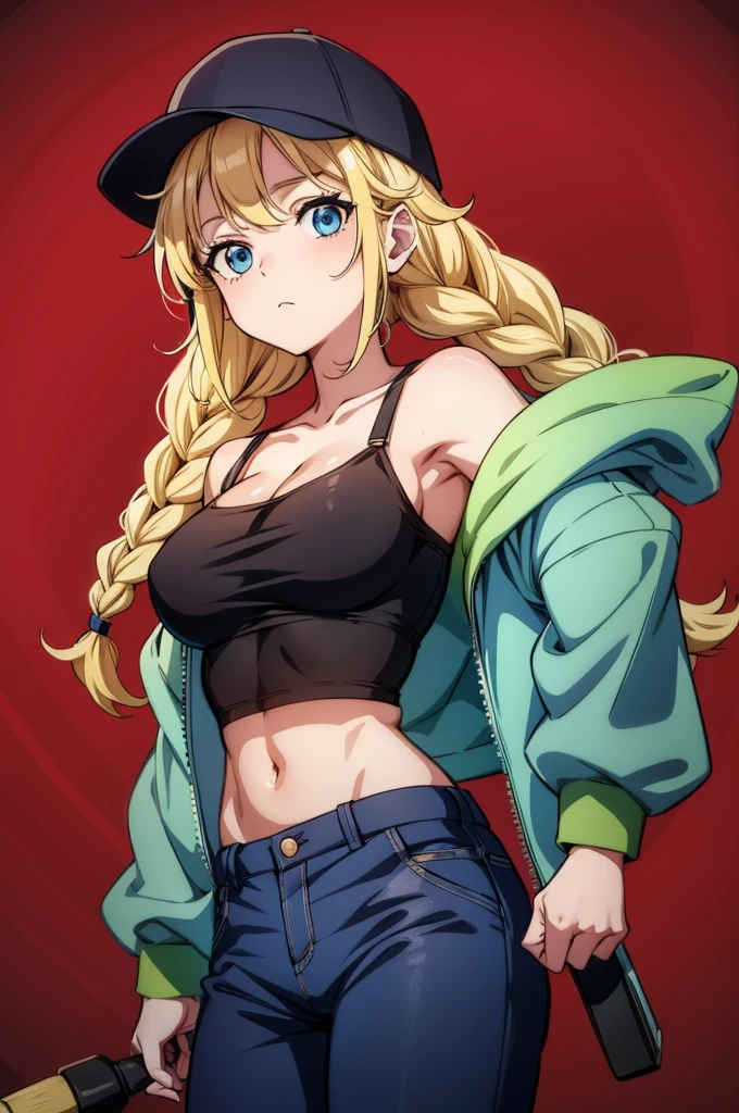 the cartoon woman has blonde hair and is holding her headphones close to her head, 1girl, solo, blonde hair, long hair, breasts, navel, camouflage, blue eyes, braid, looking at viewer, midriff, crop top, pants, camouflage pants, bare shoulders, off shoulder, jewelry, red background, cleavage, moon, jacket,Eiko Tsukimi, blue eyes, braid, twin braid,blonde hair,baseball cap
