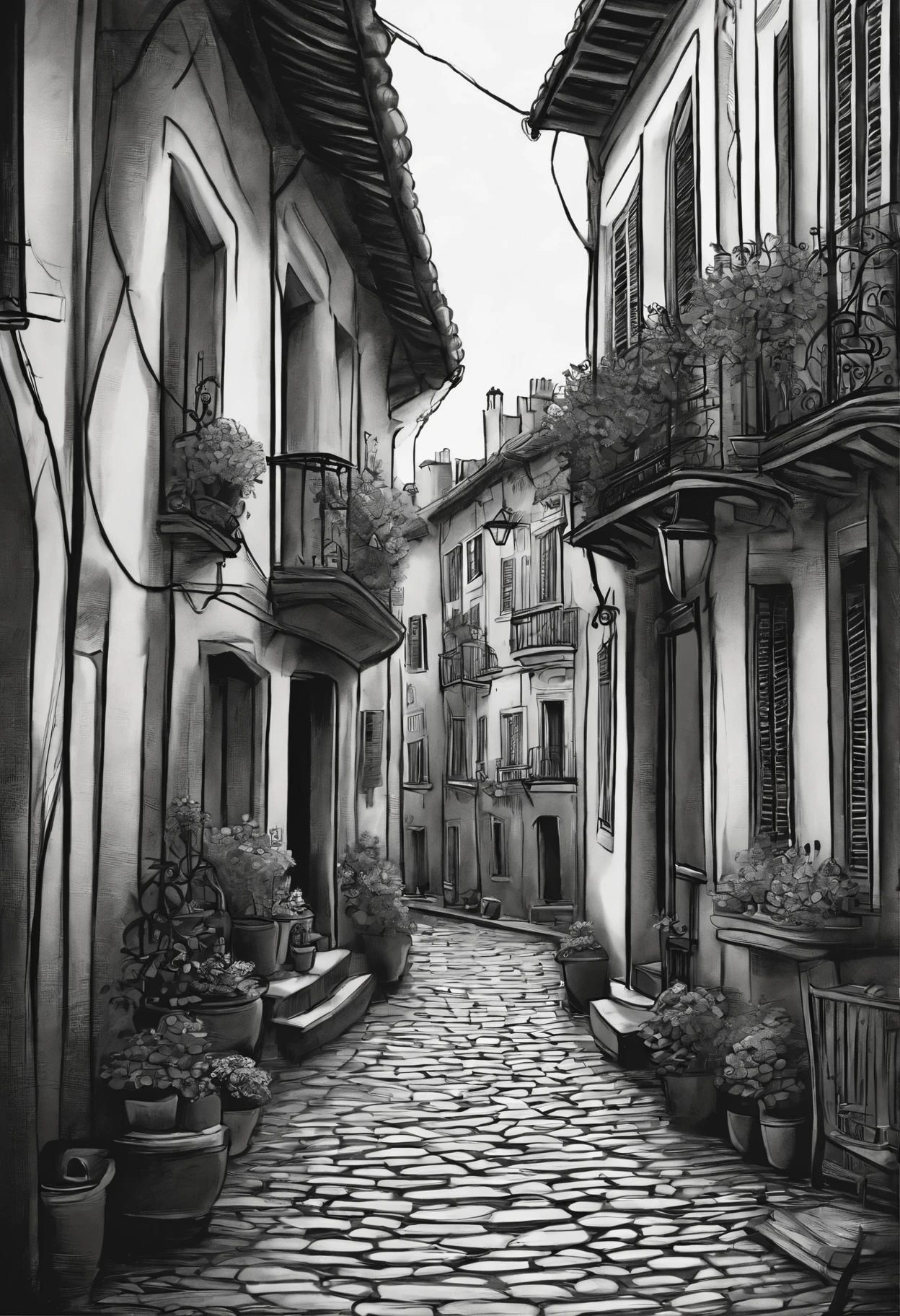 Cartoon beauty,A twenty years,Rues de la vieille ville,Il y a des lanternes。croquis en noir et blanc