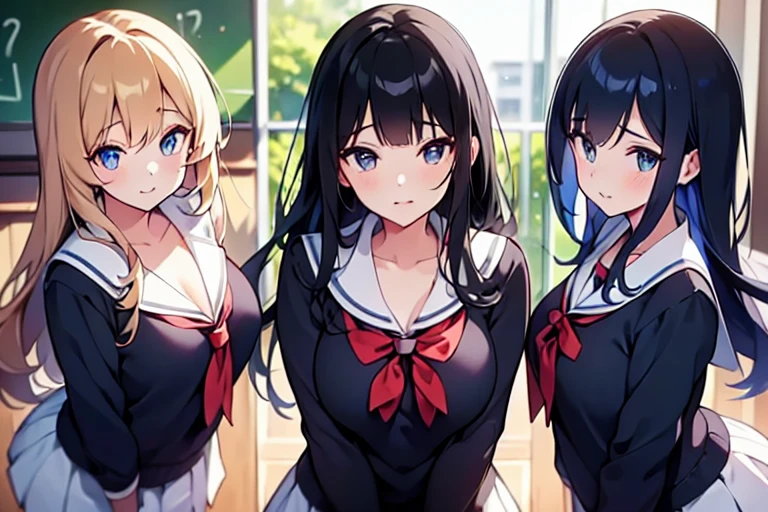 4girls,quartet,squad,cowboyshot,pov,beautiful detailed eyes, detailed lips, long eyelashes, bright and vibrant colors, natural lighting,(best quality, 4k, highres), ultra-detailed, soft and smooth texture, no distractions, dreamlike sensation, slight bokeh effect,highlighting her figure,deformed and independented breasts,schooluniform,side by side,Different posing,surrounded by girls,(small breasts:1.2)