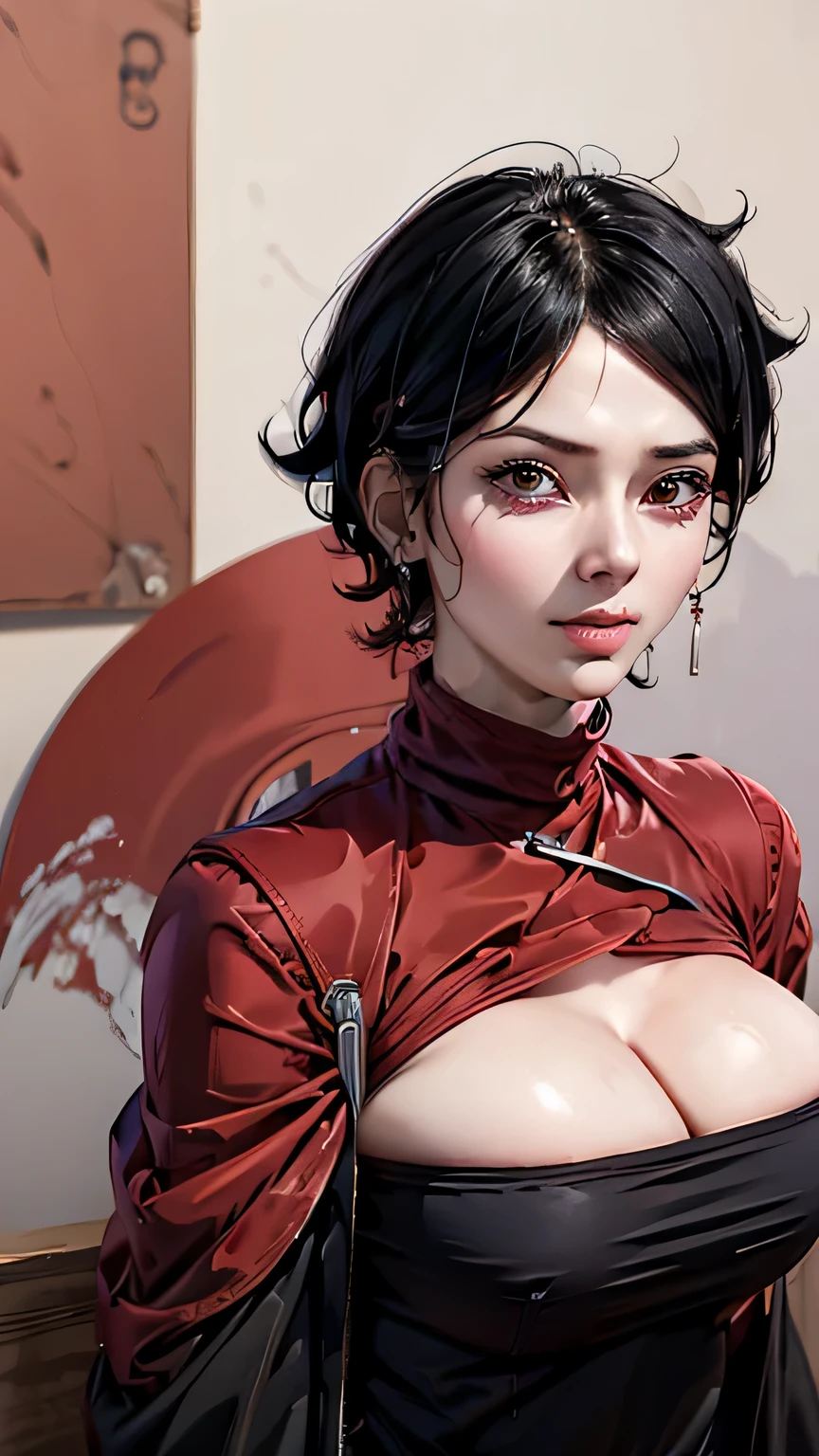 1girl, uchiha sarada in anime boruto, short hair, black hair, red eyes, wearing red glasses, smile, beautiful, sexy clothes, sexy dress, red clothes, very big breast, realistic clothes, purple clothes, konoha background, ultra detail, realistic