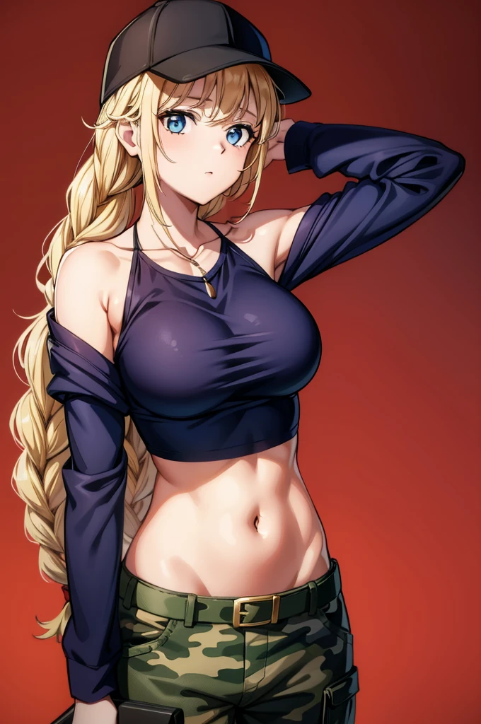 a woman in army pants holding back one ear using headphones on her head, 1girl, breasts, solo, crop top, navel, braid, midriff, blue eyes, blonde hair, cleavage, belt, bare shoulders, looking at viewer, camouflage pants, large breasts, red background, jewelry, camouflage, pants, long hair, stomach, detached sleeves, bag, collarbone, cowboy shot, necklace, black shirt, shirt,Eiko Tsukimi, blue eyes, braid, twin braid,blonde hair,baseball cap