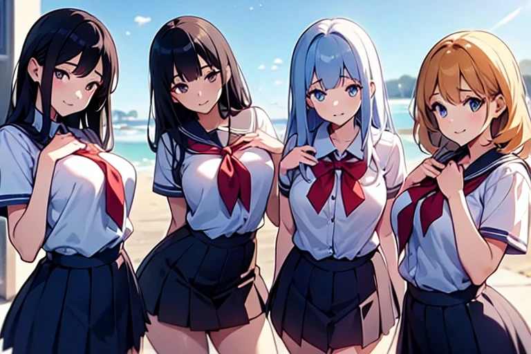 4girls,quartet,squad,cowboyshot,pov,beautiful detailed eyes, detailed lips, long eyelashes, bright and vibrant colors, natural lighting,(best quality, 4k, highres), ultra-detailed, soft and smooth texture, no distractions, dreamlike sensation, slight bokeh effect,highlighting her figure,deformed and independented breasts,schooluniform,side by side,Different posing,surrounded by girls,(small breasts:1.2)