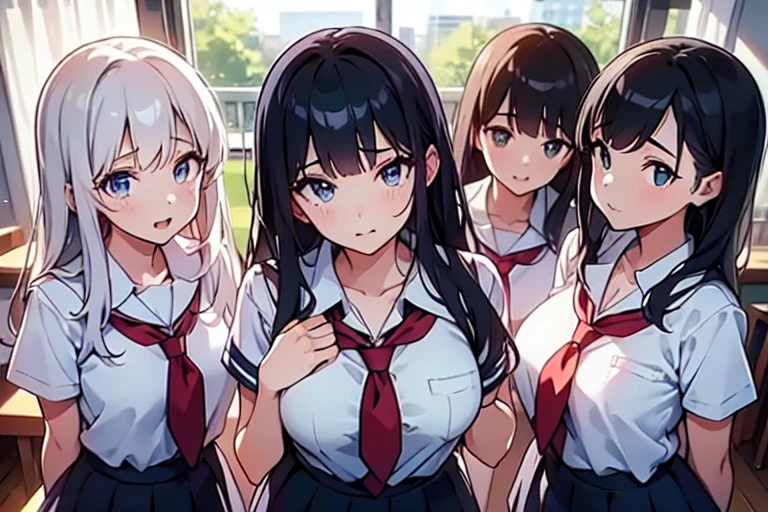 4girls,quartet,squad,cowboyshot,pov,beautiful detailed eyes, detailed lips, long eyelashes, bright and vibrant colors, natural lighting,(best quality, 4k, highres), ultra-detailed, soft and smooth texture, no distractions, dreamlike sensation, slight bokeh effect,highlighting her figure,deformed and independented breasts,schooluniform,side by side,Different posing,surrounded by girls,(small breasts:1.2)