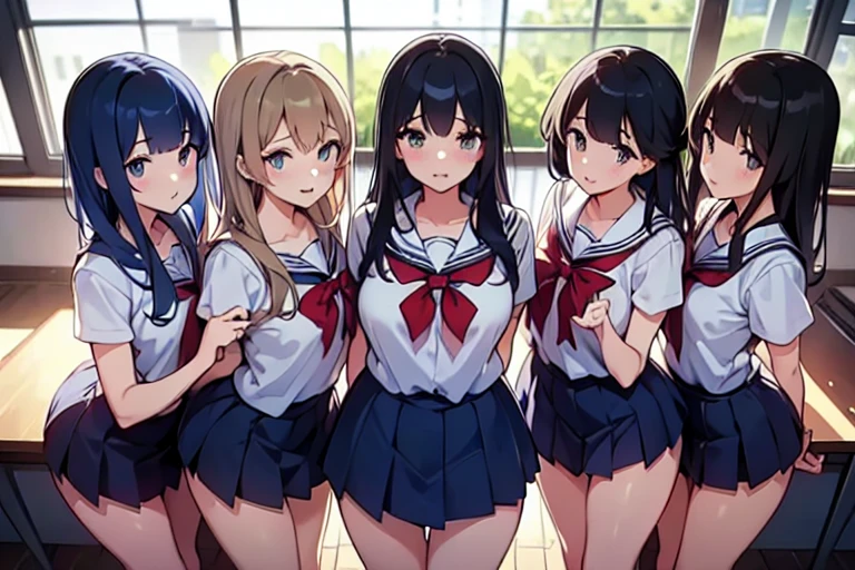 (masterpiece), maximum quality, (Colorful:1.1), (5 girls, group shot:1.4), (slim body:1.1), (huge tits:1.5), (dark skin:1.1), (muscles:1.1), blonde  hair, Silver hair, Twin tails, (leaning forward:1.4), (Open your mouth, happy smile:1.1), (winc:1.4),peace sign, (stars and stripes bikini, microbikini:1.1), cowboy Shot, (Classroom:1.1), blackboards