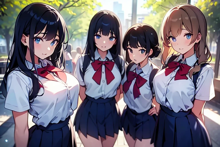 4girls,quartet,squad,cowboyshot,pov,beautiful detailed eyes, detailed lips, long eyelashes, bright and vibrant colors, natural lighting,(best quality, 4k, highres), ultra-detailed, soft and smooth texture, no distractions, dreamlike sensation, slight bokeh effect,highlighting her figure,deformed and independented breasts,schooluniform,side by side,Different posing,surrounded by girls,(small breasts:1.2)
