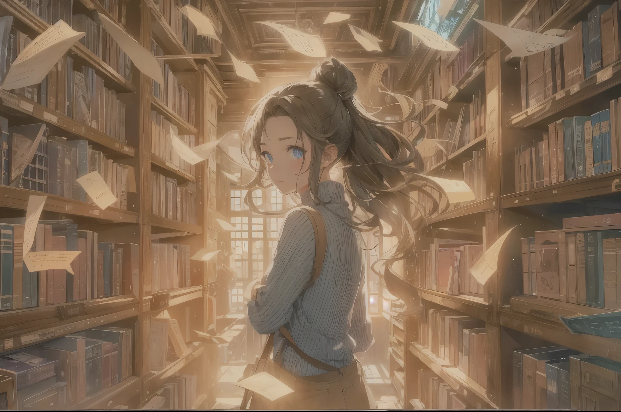 (a girl with beautiful detailed eyes, enchanting vibes, in a giant library filled with shelves of books),(books flying in the air, creating a magical atmosphere),(points of light shining through the windows, adding a touch of mystery and wonder),(best quality, ultra-detailed, realistic),(illustration, vivid colors, sharp focus),(warm color tones, creating a cozy ambience),(soft natural lighting, illuminating the girl and the books)