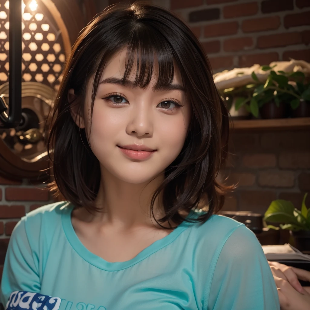 there is a woman standing in front of a brick wall, south east asian with round face, ruan cute vtuber, with short hair, anime thai girl, nivanh chanthara, young and cute girl, with round face, lovely woman, a young asian woman, attractive girl, young cute wan asian face, profile pic, asian girl, handsome girl