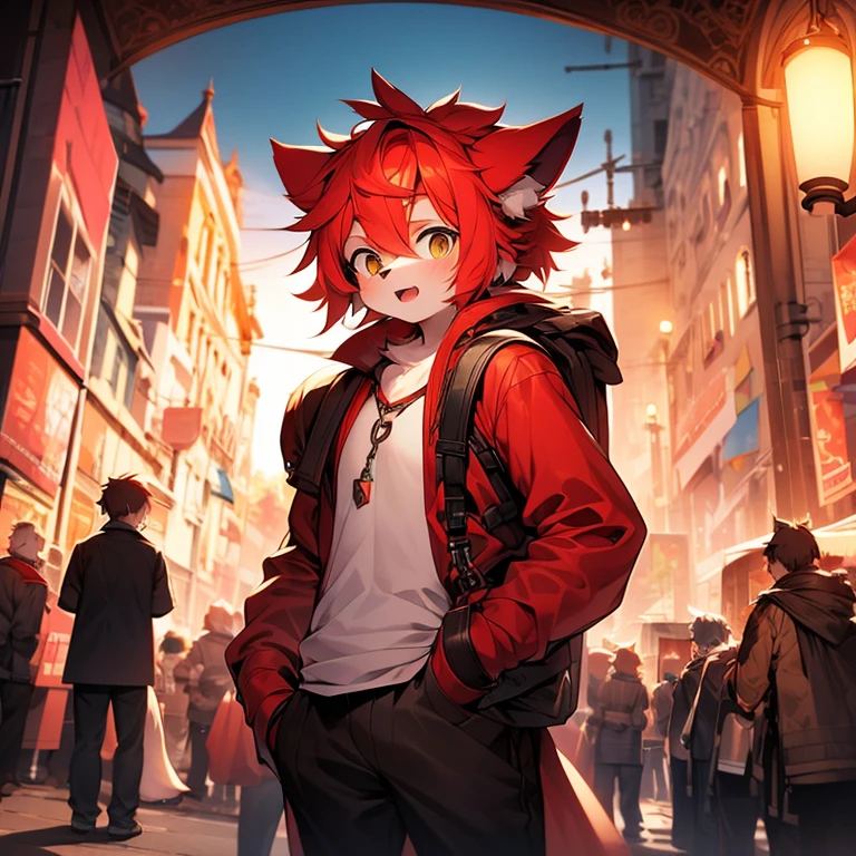 youth,Shota,red hair ,male, stand up, Masterpiece, high resolution,8K,Detailed background,high quality, boys,looking at the audience,perspective,View from the front,shorter pants,male焦点,A huge bag forms in the crotch,Wolf's facial features
