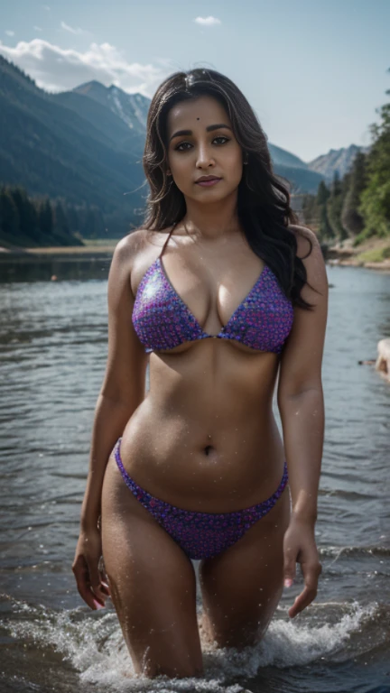 Trks, tkrs, trisha krishnanBeautiful indian woman, wearing bikini, river and mountain landsape, moonlit night,  age, detailed face, detailed body, symmetric face, cute, iconic, photorealistic, big breasts, big belly, belly piercing, soft body, wavy hair, masterpiece, 8k, ultra realistic, detailed background, palace, god rays, ambient occlusion, hands down, photorealistic