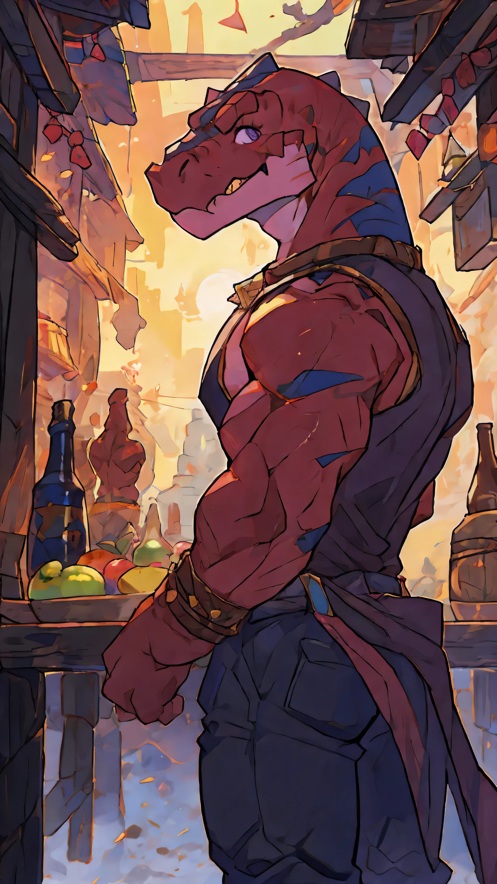 (ByZEphyrus)furry,solo,red-purple, skin tyrannosaurus, detailed eyes, front facing viewer, Muscular,Nude body,Wear jewelry,tavern background,There is a fruit on the back.,dyed smiley face,Attractive sight,(maximum detail,Backlit,4K) by bebebebebe by goonie-san by dangpa, grabing bulging boner, hard bulge, tyrannosaurus tale,  horny, turned on
