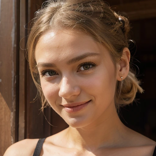 woman 27 years old, blonde hair, perfektes Gesicht, Meisterwerk, realistisches Aussehen, sportliche figur, 175cm tall, light tanned skin, realistische haut, charming smile, braune haare, svenska, evening, sommer, 105mm focus length, dunkle braune augen, big eyes, Beautiful eyelashes, natural makeup, very happy, laughing, oral invitation, happy, braided bun, hair pulled back, hair one side up, oral invitation, happy, braided bun, hair pulled back, hair one side up, cinematic lighting, depth of field, anatomically correct, super detail, high details, high quality, award winning, highres, accurate, retina