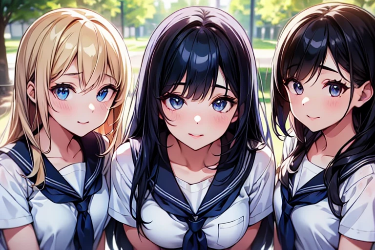 4girls,quartet,squad,cowboyshot,pov,beautiful detailed eyes, detailed lips, long eyelashes, bright and vibrant colors, natural lighting,(best quality, 4k, highres), ultra-detailed, soft and smooth texture, no distractions, dreamlike sensation, slight bokeh effect,highlighting her figure,deformed and independented breasts,schooluniform,side by side,Different posing,surrounded by girls,(small breasts:1.2)