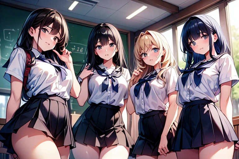 4girls,quartet,squad,cowboyshot,pov,beautiful detailed eyes, detailed lips, long eyelashes, bright and vibrant colors, natural lighting,(best quality, 4k, highres), ultra-detailed, soft and smooth texture, no distractions, dreamlike sensation, slight bokeh effect,highlighting her figure,deformed and independented breasts,side by side,Different posing,surrounded by girls,(small breasts:1.2),Attractive girls,longing,public facility