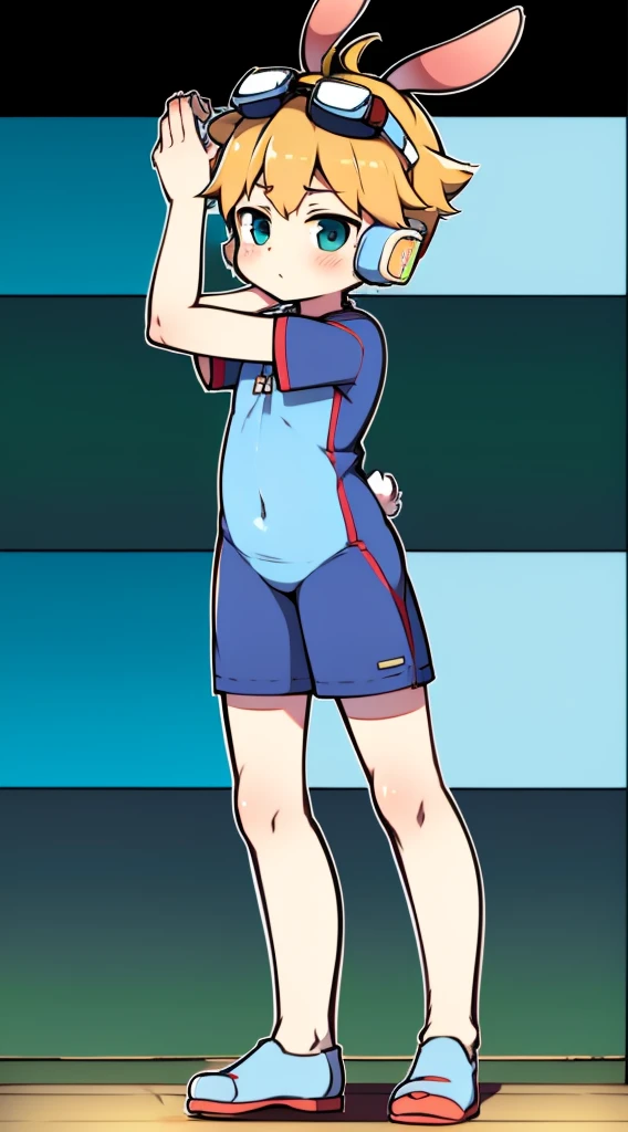 2D boy Shota,One-piece pajamas,Slim, healthy body,Put the headphones on your head,stand up,goggles,rabbit ears