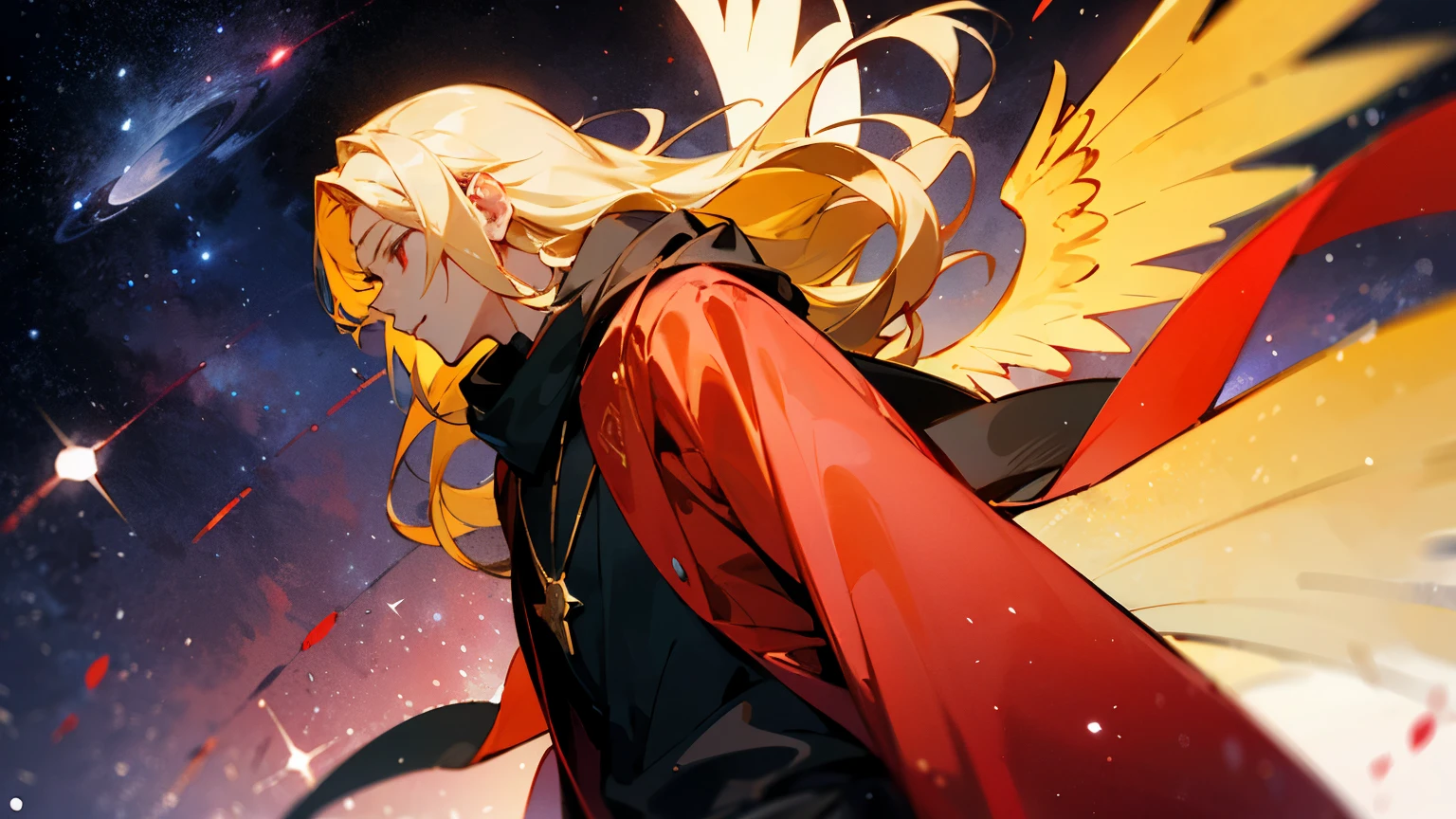 Boy, young appearance, handsome, long hair, golden hair, yellow hair, long gray scarf, necklace, red pendant, red eyes, galaxy scenery, high quality, golden wings, anime traits.
