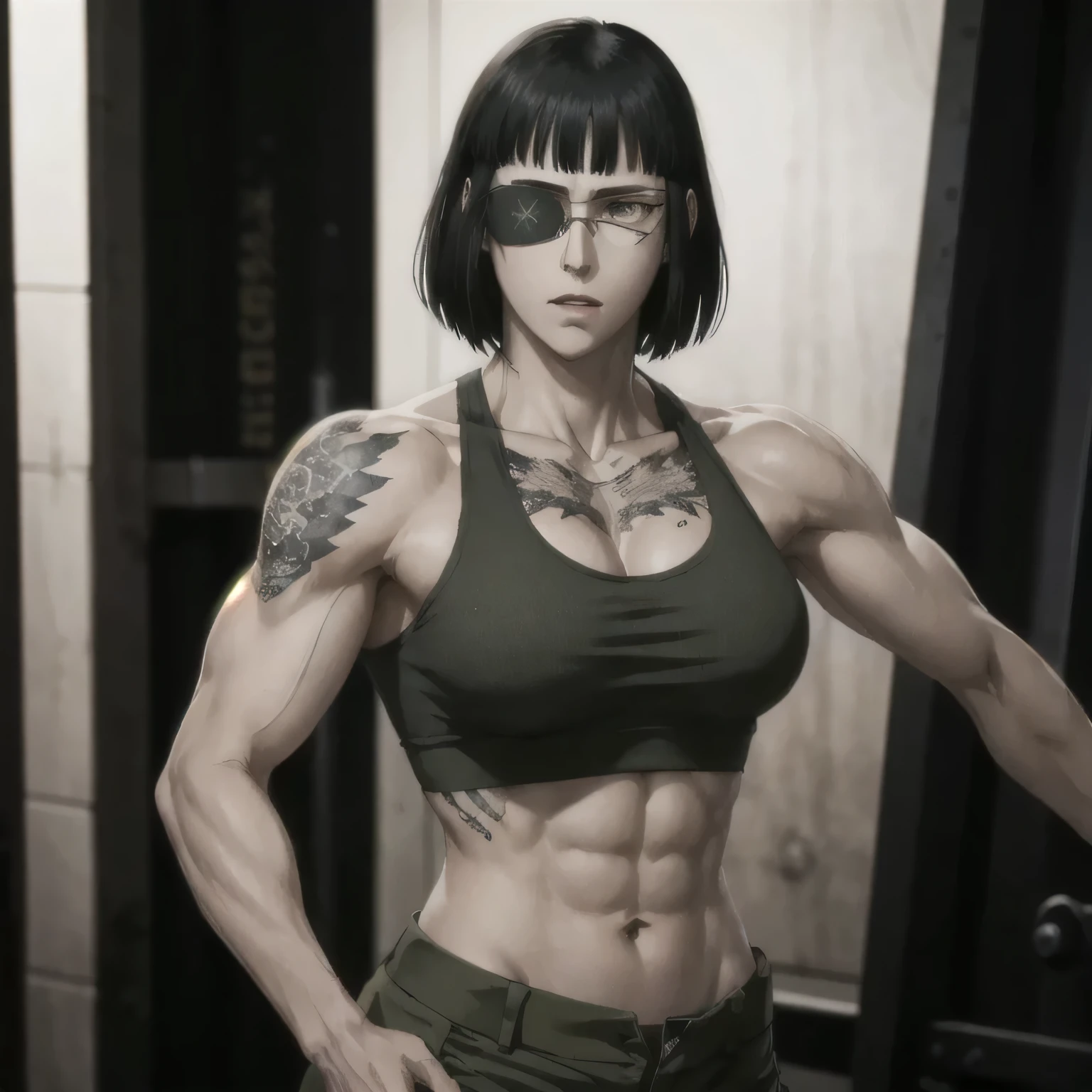 (best quality,ultra-detailed,realistic:1.37), military, muscular girl with sculpted body wearing a tank top and combat trousers , beautiful tattoo on girl's shoulder, full review of the female character's face and body, intense expression, strong and confident posture, studio lighting, vivid colors, physiologically-based rendering, grungy texture, rugged background, dust particles in the air, commanding presence, professional, powerful, gritty aesthetics,,Valmet with her muscles body,short hair,eye patch,