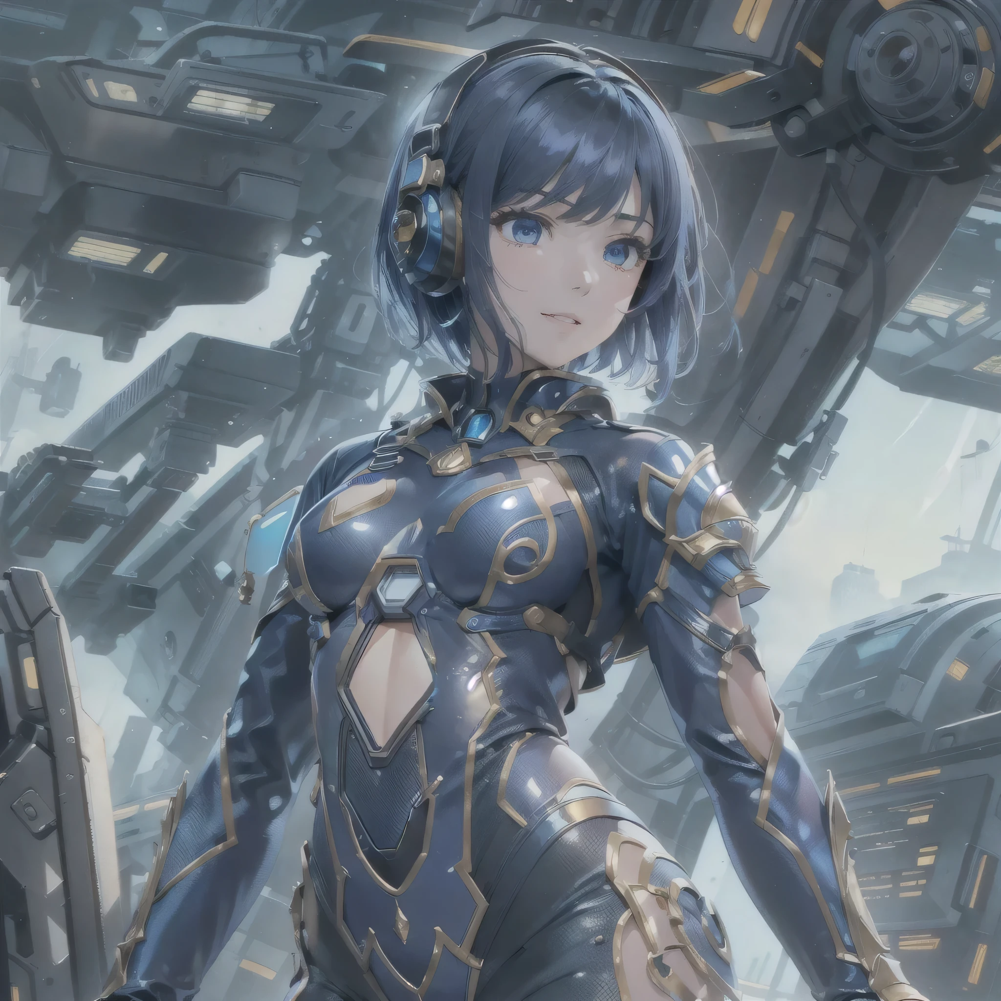 (masterpiece、highest quality、Highest Resolution、Clear_image、Detailed details、Angle from above): (Whole body、One 20 year old girl、Japanese Faces、Small Face、Slender、Navy blue super short bob cut hair、(Hidden small breasts:1.3)、Sparkling blue eyes、Shiny pilot suit in blue and black colors、Chest protection armor、Tight fitting clothes、Clothing that covers the whole body、Glamorous clothes、Tight Fit Pants、Hide your skin、Very delicate and beautiful、Detailed Skin、hide thighs、Hide your ass、Cute、A gentle smile、Soft expression、heroine、headset、Knee-high boots、Elbow-length gloves、Eye Level Shot、Face directly、Woman on a spaceship)