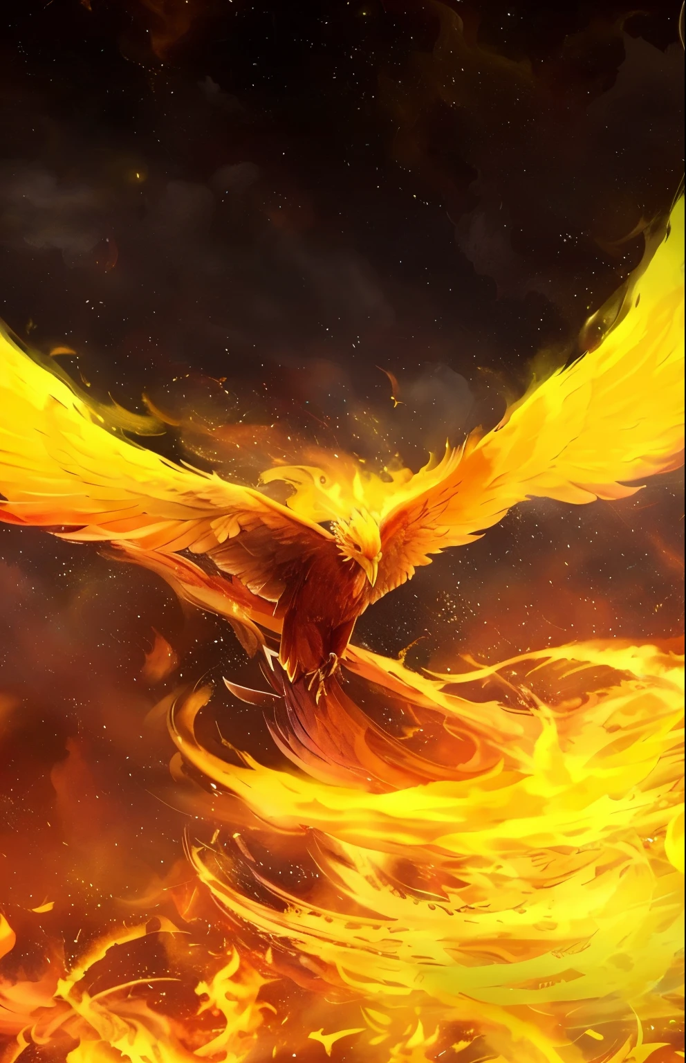Painting of a bird flying in a sky full of fire, artwork of a phoenix, phoenix rising from the ashes, phoenix in fire, phoenix rising, phoenix-inspired, ''wallpaper of a phoenix, fiery bird, with fiery golden wings of flame, ''wallpaper of a phoenix resting, phoenix flames, phoenix dragon, phoenix, phoenix warrior, the phoenix, with fiery golden wings