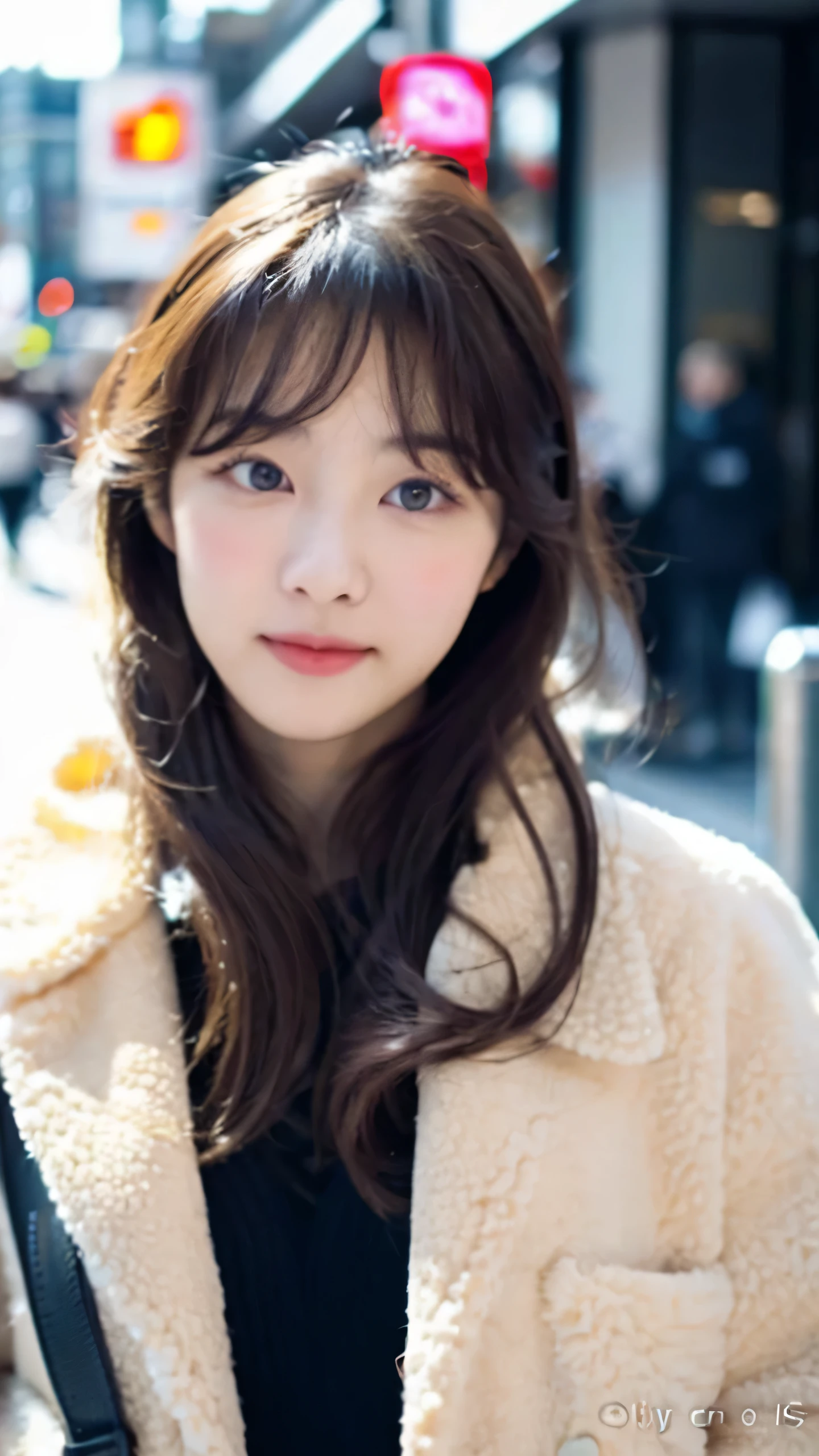 moa kikuchi, 1girl, solo, realistic,:1.6, (tmasterpiece, Nice people,),detailed skin textures, Beautifully detailed face, double eyelid,faint smile, masterpiece, full body, shibuya road, winter coat korean style