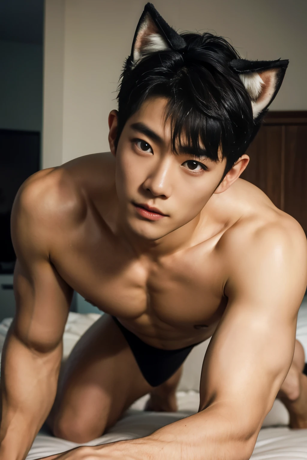 In the captivating image lies a Korean handsome guy, radiating charisma as he proudly showcases his muscular to to build in a full-bodied, correct looking body , detailed skin, 1boy, ((realistic)), (Crawling on All Fours, Kneeling), on a bed, Wearing a sexy grey bikini that accentuates his physique, he stands amidst the bedroom environment, With an unrivaled attention to detail, this photorealistic portrait embodies the National Geographic style, capturing every nuance of his textured skin in 8k resolution. His features emerge in pristine clarity, from the deep-set eyes to the chiseled jawline, making this image a true masterpiece. The lif,  best quality, 8K  UHD+, Leica digital SLR camera，he has big furry cat ears, 
