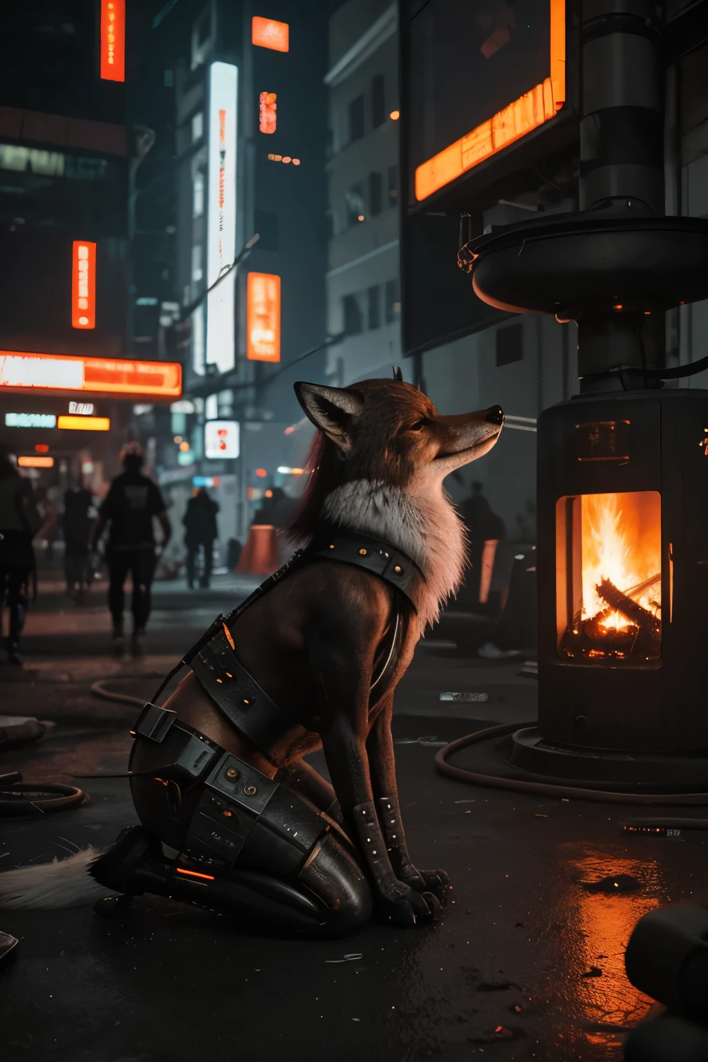 metal fox, fire, cyberpunk, epic