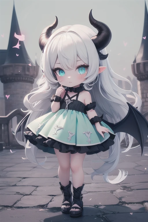 cowboy shot,masterpiece, best quality, absurdres, (Evil Castle background:1.2), colorful, 1girl, chibi,solo, mint eyes, blonde almost white hair, long hair, detailed eyes, wide-eyed, eyelashes, looking at viewer, full body, demon horns , bat wings, dress, hand up, demon, particles, cute,spoken heart, (mint theme:1),