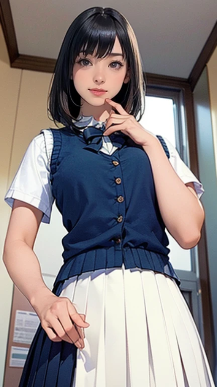 (masterpiece:1.2, highest quality), (realistic, photorealistic:1.4), beautiful illustrations, (natural side lighting, movie lighting), Depth of written boundary, looking at the viewer, (face focus, Upper body), Front view, 1 girl, Japanese, high school girl, , perfect face, Cute symmetrical face, shiny skin, (bob hair:1.7,black hair), asymmetrical bangs, Big eyes, droopy eyes, long eyelashes chest), thin, beautiful hair, beautiful face, fine and beautiful eyes, beautiful clavicle, beautiful body, beautiful breasts, beautiful thighs, beautiful feet, beautiful fingers, ((fine fabric texture, Brown knitted vest, short sleeve white collar shirt, navy pleated skirt, Navy bow tie)), (beautiful scenery), evening, (Inside the flower shop), Are standing, (smile, Upper grade, open mouth), (from below:1.5),(visibility is low:1.5), (from below:2),
