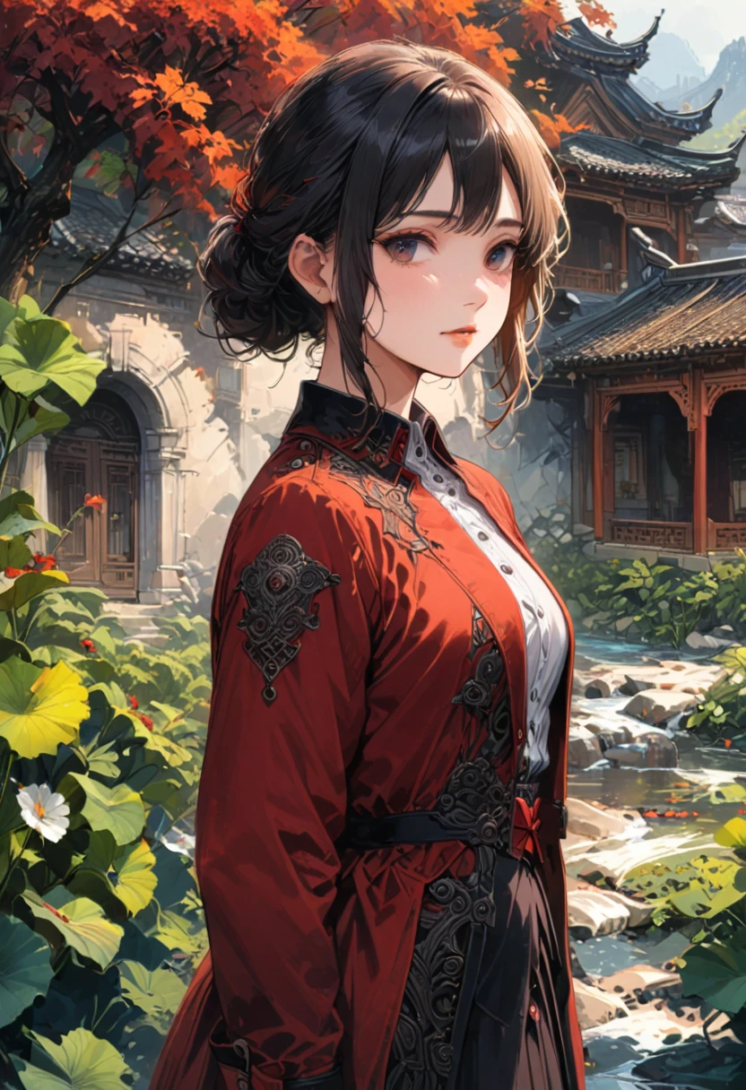 girl, dress shirt, red bow, red jacket, looking to the side, outdoor, realistic, Selective focus, detailed background, (masterpiece, best quality, perfect composition, very aesthetic, absurdres, ultra-detailed, intricate details, Professional, official art, Representative work:1.3), (Animagine:0.01)