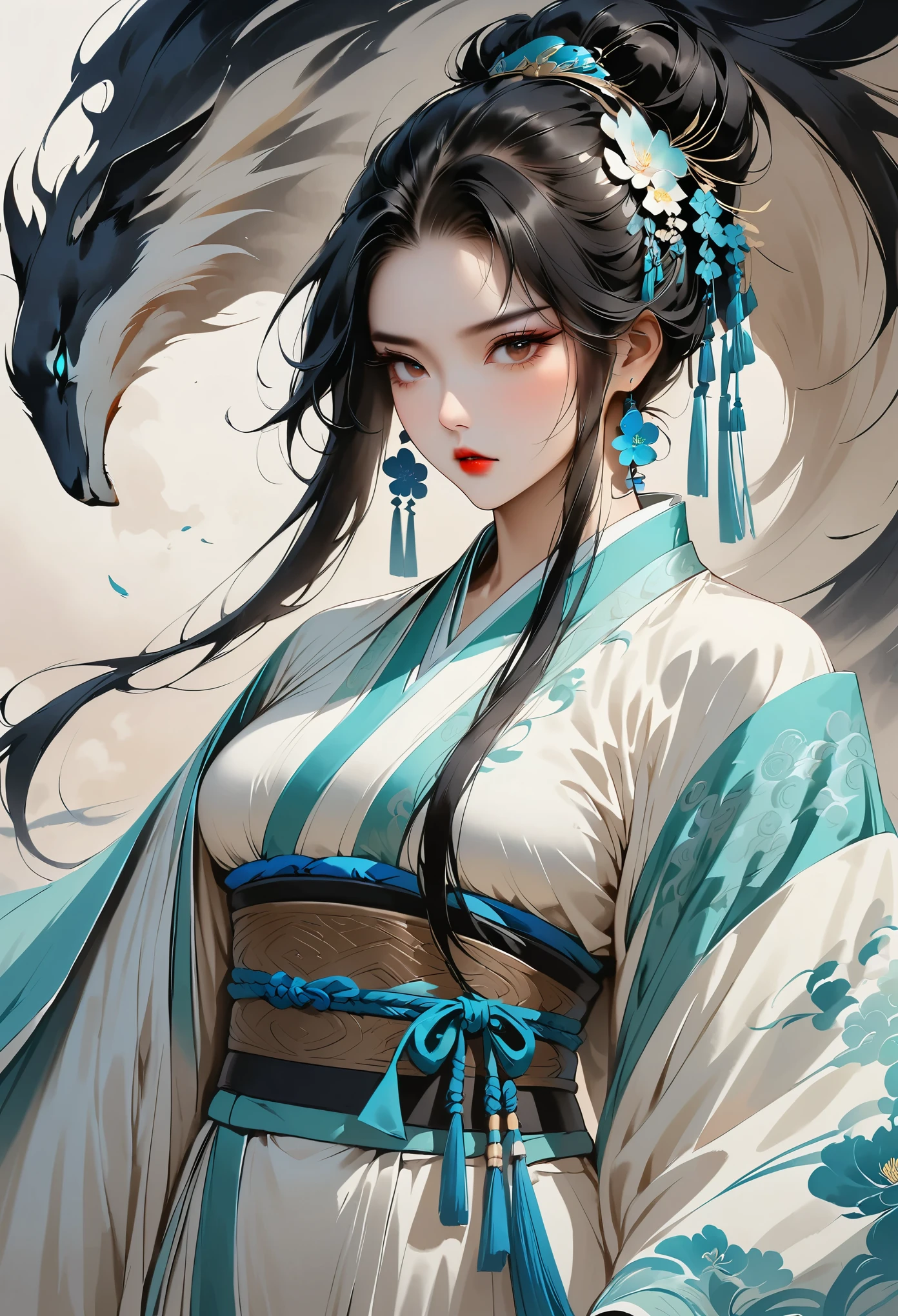 Umalinda warrior sexy, pretty face, Delicious Company, attractive figure, Wearing a sexy open kimono. the artwork is created in a medium reminiscent of japanese ink painting....., 具有大胆的笔触和Monochromatic color palette. artist'Masterful technique reveals the intensity and power of the image'sense of presence,with the highest quality, Perfectly capture every detail with ultra-high resolution. Textures and intricate patterns on kimonos are rendered with extreme precision. Lighting is carefully designed,Enhance drama, Features deep shadows and subtle highlights. General, Artwork exudes elegance and power, Combining Japanese traditional aesthetics with modernity. Monochromatic color palette, Combine details, Create captivating and immersive experiences for your audience.