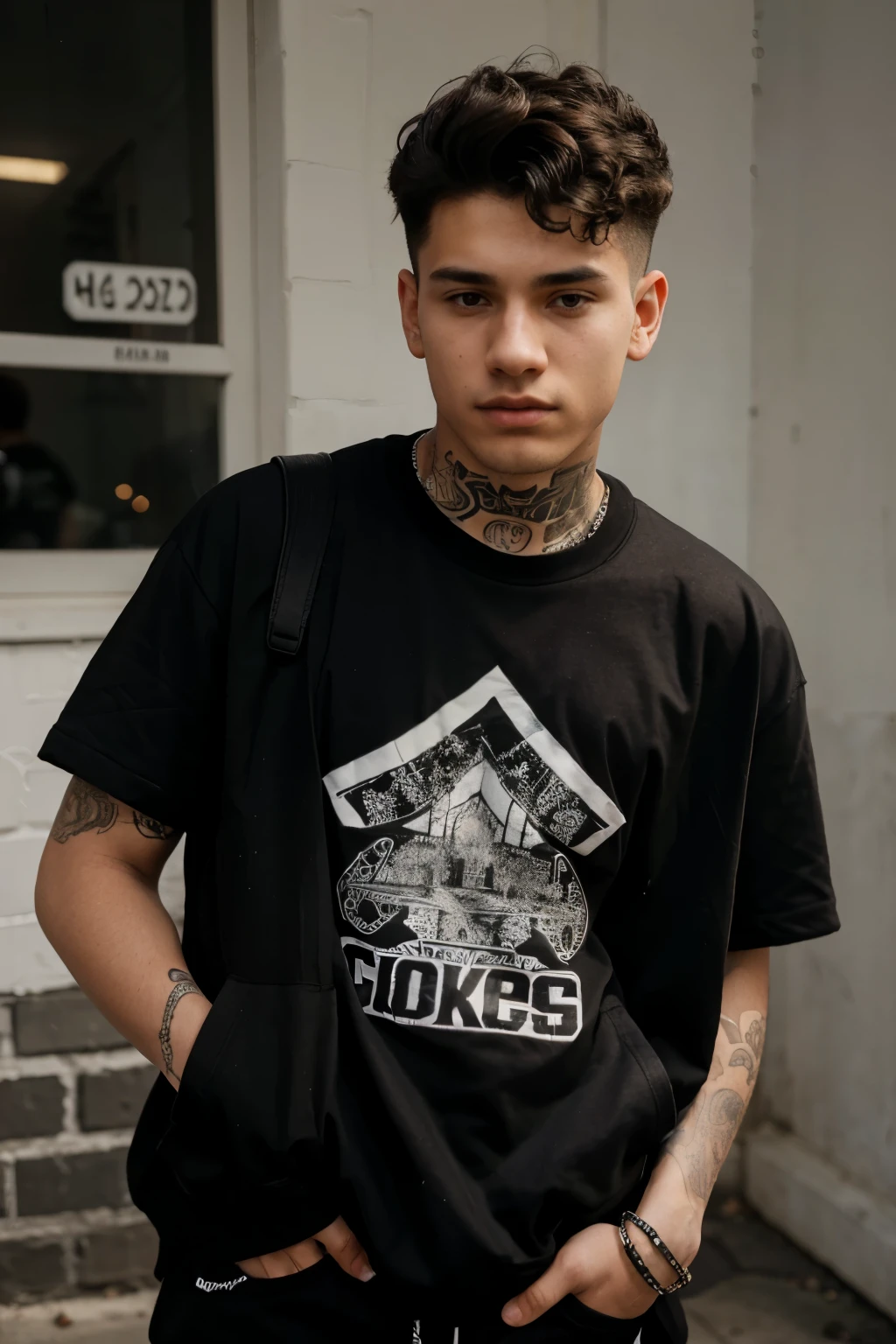 young 19 year old man dressed in streetwear with a sweet hoodie in a neighborhood with black curly hair with a gradient