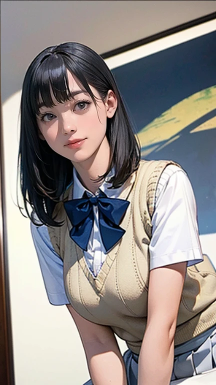 (masterpiece:1.2, highest quality), (realistic, photorealistic:1.4), beautiful illustrations, (natural side lighting, movie lighting), Depth of written boundary, looking at the viewer, (face focus, Upper body), Front view, 1 girl, Japanese, high school girl, , perfect face, Cute symmetrical face, shiny skin, (bob hair:1.7,black hair), asymmetrical bangs, Big eyes, droopy eyes, long eyelashes chest), thin, beautiful hair, beautiful face, fine and beautiful eyes, beautiful clavicle, beautiful body, beautiful breasts, beautiful thighs, beautiful feet, beautiful fingers, ((fine fabric texture, Brown knitted vest, short sleeve white collar shirt, navy pleated skirt, Navy bow tie)), (beautiful scenery), evening, (Inside the flower shop), Are standing, (smile, Upper grade, open mouth), (from below:1.5),(visibility is low:1.5), (from below:1.2)