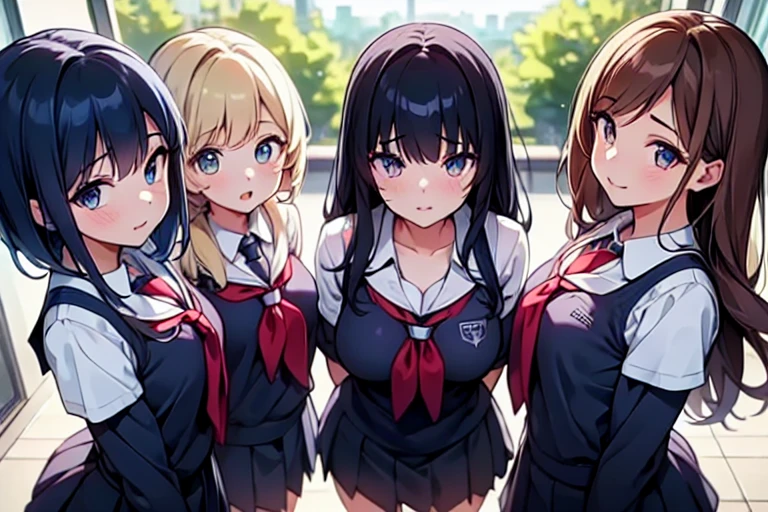 4girls,quartet,squad,cowboyshot,pov,beautiful detailed eyes, detailed lips, long eyelashes, bright and vibrant colors, natural lighting,(best quality, 4k, highres), ultra-detailed, soft and smooth texture, no distractions, dreamlike sensation, slight bokeh effect,highlighting her figure,deformed and independented breasts,schooluniform,side by side,Different posing,surrounded by girls,(small breasts:1.2)