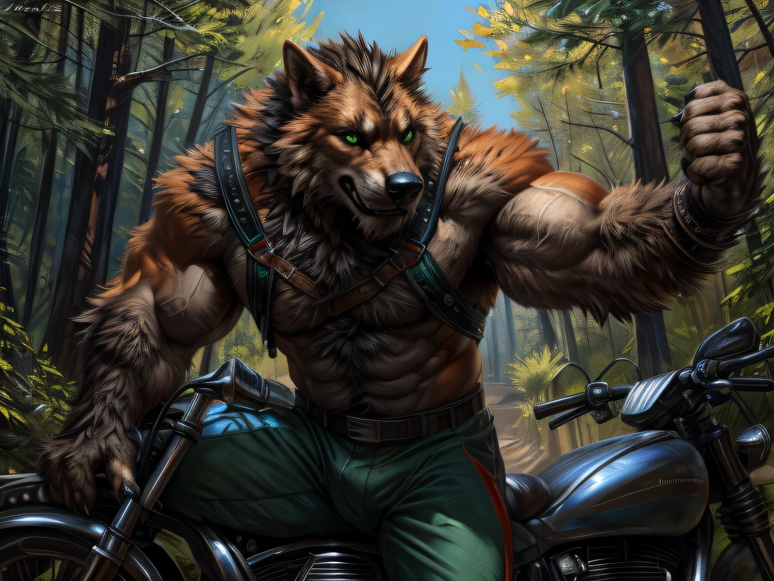 Werewolf, black fur, orange fur, bitone, white chest fur, black beard, green eyes, realistic eyes, posted on e621, furry body, anthro body, anthro werewolf, claws on hands, werewolf, Climbing harnesses, solo, male, adult, masculine, (very muscular, large muscles, buff:1.2), correct anatomy, (photorealistic fur, detailed fur, epic, masterpiece:1.2), green short pants, in the forest, sitted in a motorcycle, double purpose motorcycle, all terrain motorcycle, sexy shadows, (by echin, by Taran Fiddler, by Juiceps, by Rukis), (detailed eyes:1.2), impressive physique, strong pose, proud, flexing biceps with one arm, seductive face, looking at camera