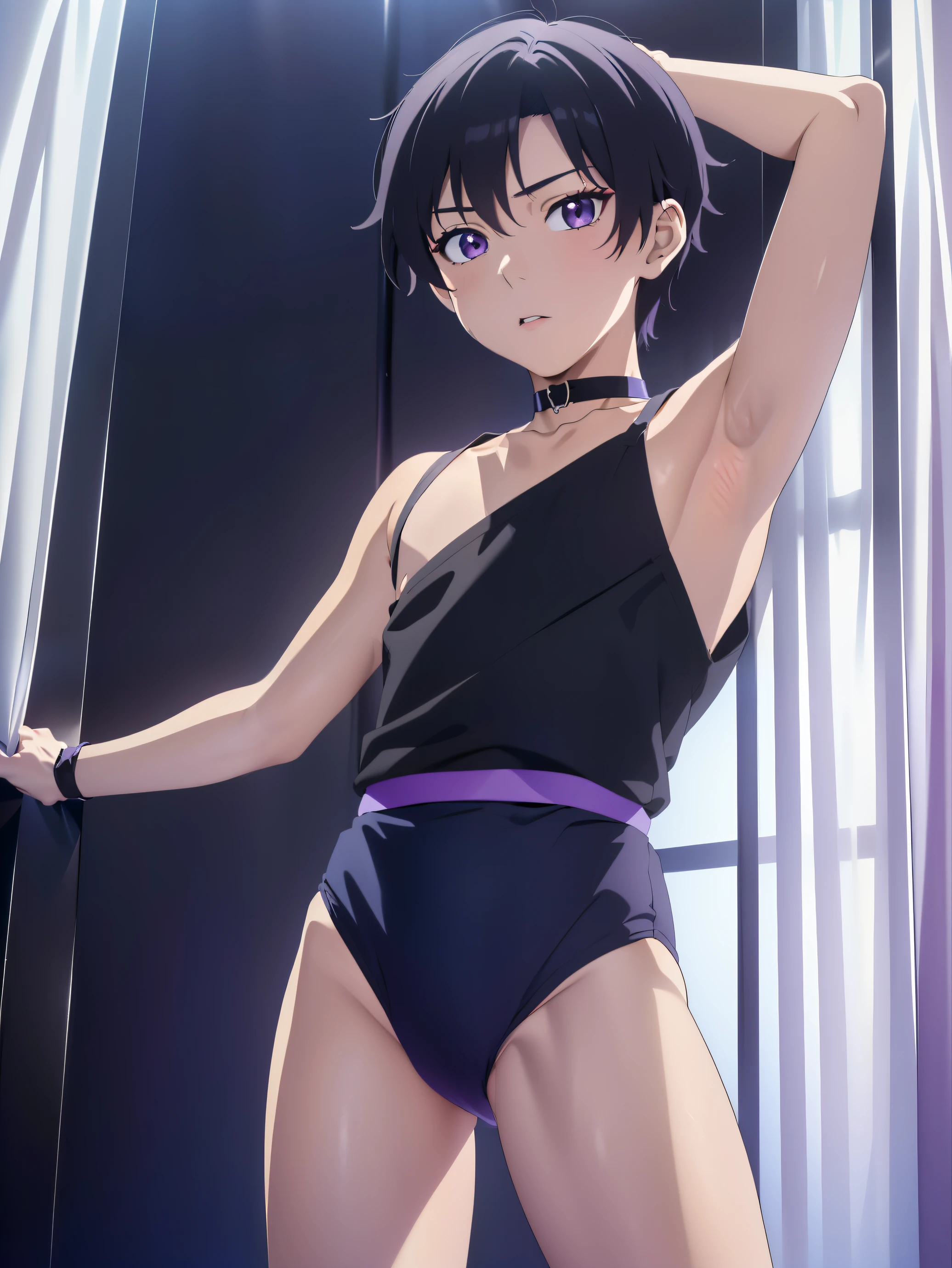 Highres, Masterpiece, Best quality at best,Best Quality,hight quality, hight detailed, Anime style, (s), (armpit), view from front, black choker, Sexy dancer, Pole dancer, Dancer, Purple shirt, (very young boy), (very small and short body)