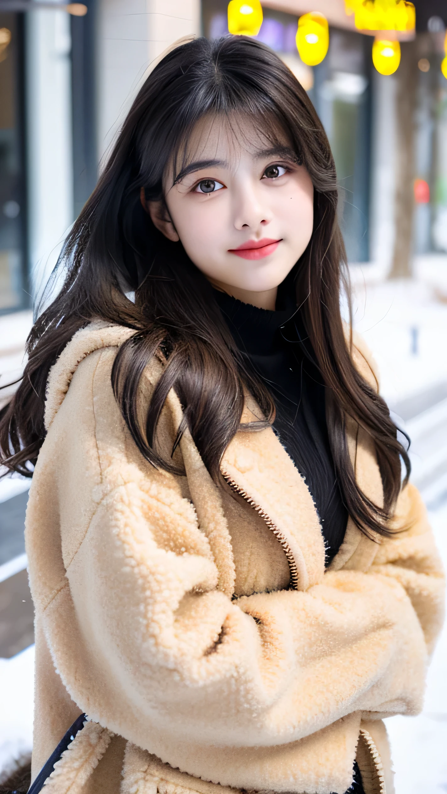 yui mizuno, 1girl, solo, realistic,:1.6, (tmasterpiece, Nice people,),detailed skin textures, Beautifully detailed face, double eyelid,faint smile, masterpiece, full body, big breast, winter coat korean style