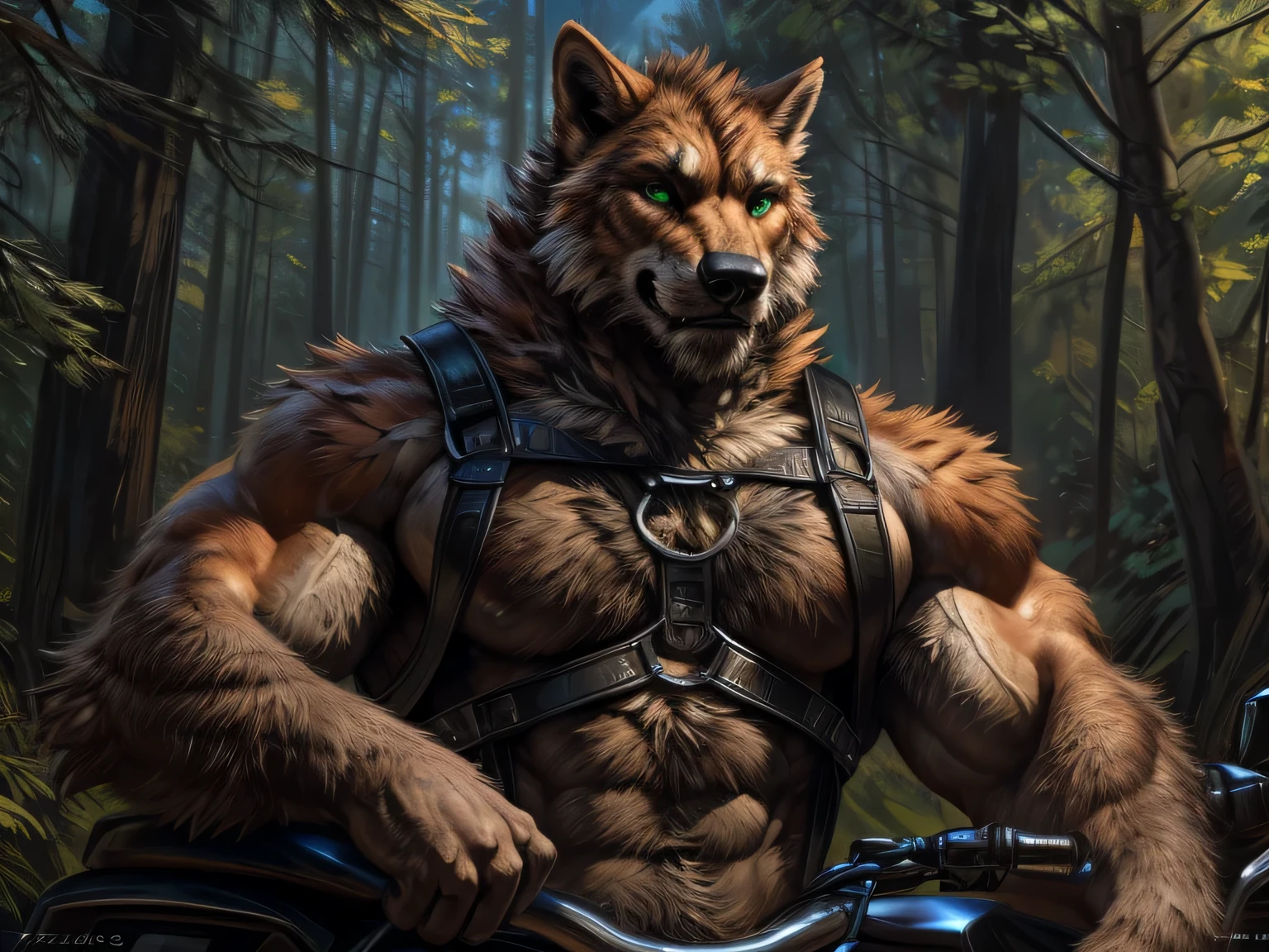 Werewolf, black fur, orange fur, bitone, white chest fur, black beard, green eyes, realistic eyes, posted on e621, furry body, anthro body, anthro werewolf, claws on hands, werewolf, Climbing harnesses, solo, male, adult, masculine, (very muscular, large muscles, buff:1.2), correct anatomy, (photorealistic fur, detailed fur, epic, masterpiece:1.2), green short pants, in the forest, sitted in a motorcycle, double purpose motorcycle, all terrain motorcycle, sexy shadows, (by echin, by Taran Fiddler, by Juiceps, by Rukis), (detailed eyes:1.2), impressive physique, strong pose, proud, flexing biceps with one arm, seductive face, looking at camera