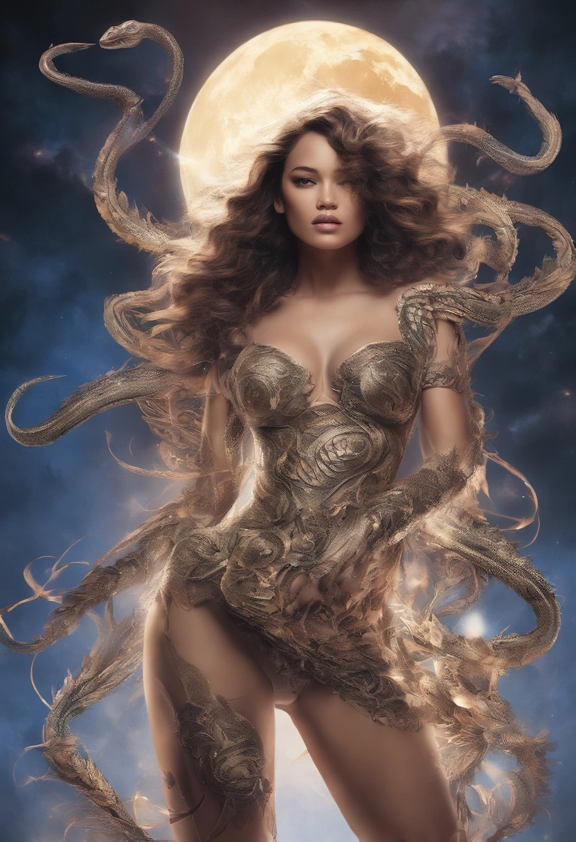 Mayte Michelle Rodriguez's face, Gemma Chan's lips, Jessica Alba's nose, Ashley Graham's face, Rihanna's eyes, sensual pose, full red lips, CANDICE SWANEPOEL's beautiful body, SOFIA VEGARA's breasts, 19 years old, Alone, long hair blonde, Colossal, hair (dark brown, curly, flowing: 1.1), realistic, sexy woman, full body, full body tattoo, langeri (white, short, open at the front) full moon night, with several snakes wrapped around the body , Absurd Resolution, high resolution, (art: 1.4), hyperdetail, connected open mouth (1.3), in the sky, attention to detail