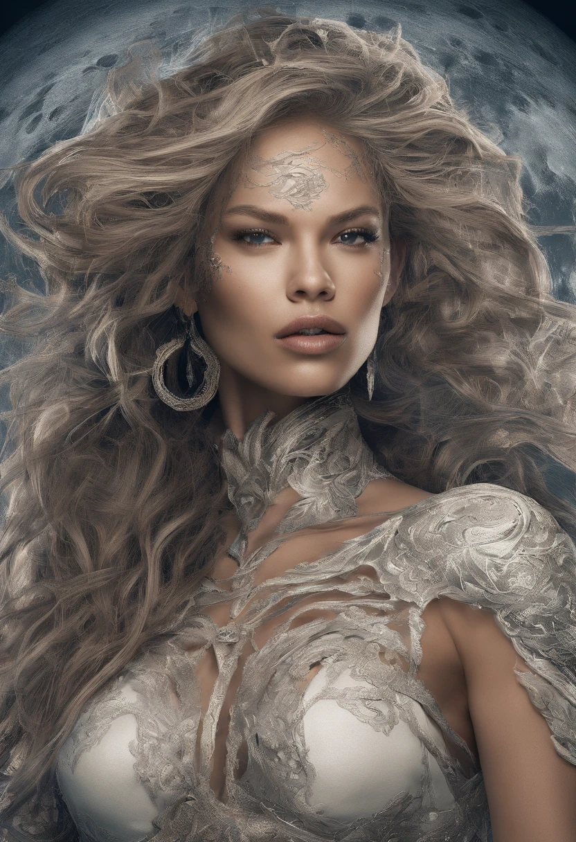 Mayte Michelle Rodriguez's face, Gemma Chan's lips, Jessica Alba's nose, Ashley Graham's face, Rihanna's eyes, sensual pose, full red lips, CANDICE SWANEPOEL's beautiful body, SOFIA VEGARA's breasts, 19 years old, Alone, long hair blonde, Colossal, hair (dark brown, curly, flowing: 1.1), realistic, sexy woman, full body, full body tattoo, langeri (white, short, open at the front) full moon night, with several snakes wrapped around the body , Absurd Resolution, high resolution, (art: 1.4), hyperdetail, connected open mouth (1.3), in the sky, attention to detail