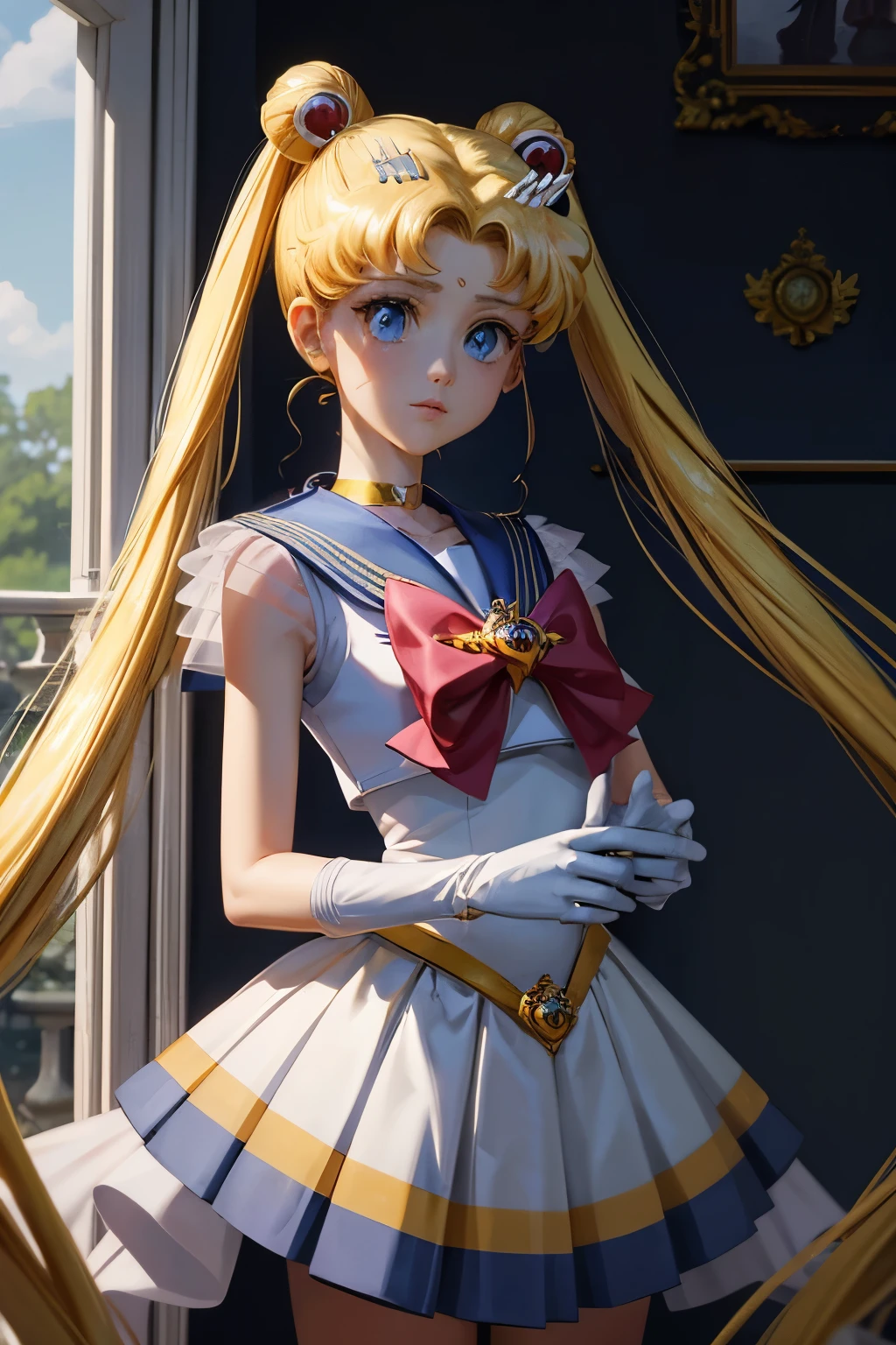 In this exquisite masterpiece of the highest quality, we are presented with a captivating portrayal of 1girl, none other than the beloved Tsukino Usagi, also known as Sailor Moon. The artist has skillfully captured her iconic appearance in her solo moment, wearing her Sailor Senshi uniform with utmost attention to detail.
Tsukino Usagi's long, flowing blonde hair cascades down her back, beautifully framing her enchanting blue eyes that shimmer with a sense of wonder. Her delicate hands are adorned with white gloves that add a touch of elegance to her Sailor Collar.
Two charming twintails, each adorned with a blue sailor collar, spring forth from the sides of her head, adding a playful element to her overall look. The artist
