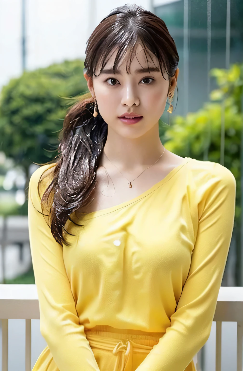 (highest quality, 4k, masterpiece :1.3),
sharp focus, shallow depth of field, Bright colors, professional level,
20-year-old, 1 person, (A half Japanese, half Brazilian woman), beautiful actress face,
Supple body :1.3, model body shape:1.5, perfect style:1.4,
narrow shoulders, beautiful clavicle, long and thin legs,
delicate body shape, The beauty of slim abs :1.2, thin waist :1.2,
super detailed skin, Fair skin, Shiny skin, super detailed face,
slim facial contour, beautiful small face, Beautiful lined nose,
super detailed eyes, long slit eyes, brown eyes, double eyelid, Beautiful thin eyebrows, fine long eyelashes,
super detailed lips, plump lips, glossy pink lips, flushed cheeks, beautiful teeth,
Beautiful actress's ennui makeup, pink lipstick,
dark brown hair, delicate soft hair,
(hair up, medium short hair, ponytail:1.2),
layer cut, (dull bangs:1.2),
(stylish looking earrings,necklace,bracelet,shiny nail art:1.2),
gentle smile, open mouth half way, Enchanted expression, stare at the camera,
(((photorealism,Shoot the whole body from the thighs:1.5))), ((The body is facing sideways)),
dynamic lighting,
(Dressed up in a yellow winter sweater with polka dots:1.5),
((She is posing naked and sexy with beautiful posture.:1.2)),
The areola of the breast is beautiful:1.2,
I'm touching my butt with my hand:1.2,
(perfect breast shape, flat chest:1.2),
It is a small pale pink areola.,
(She has a cute plump butt, My thighs are dazzling),
(Large queen-size bed in a luxury hotel, The ocean horizon spreads out behind the large windows),
(wet in the rain, wet in the rain, wet body :1.4),