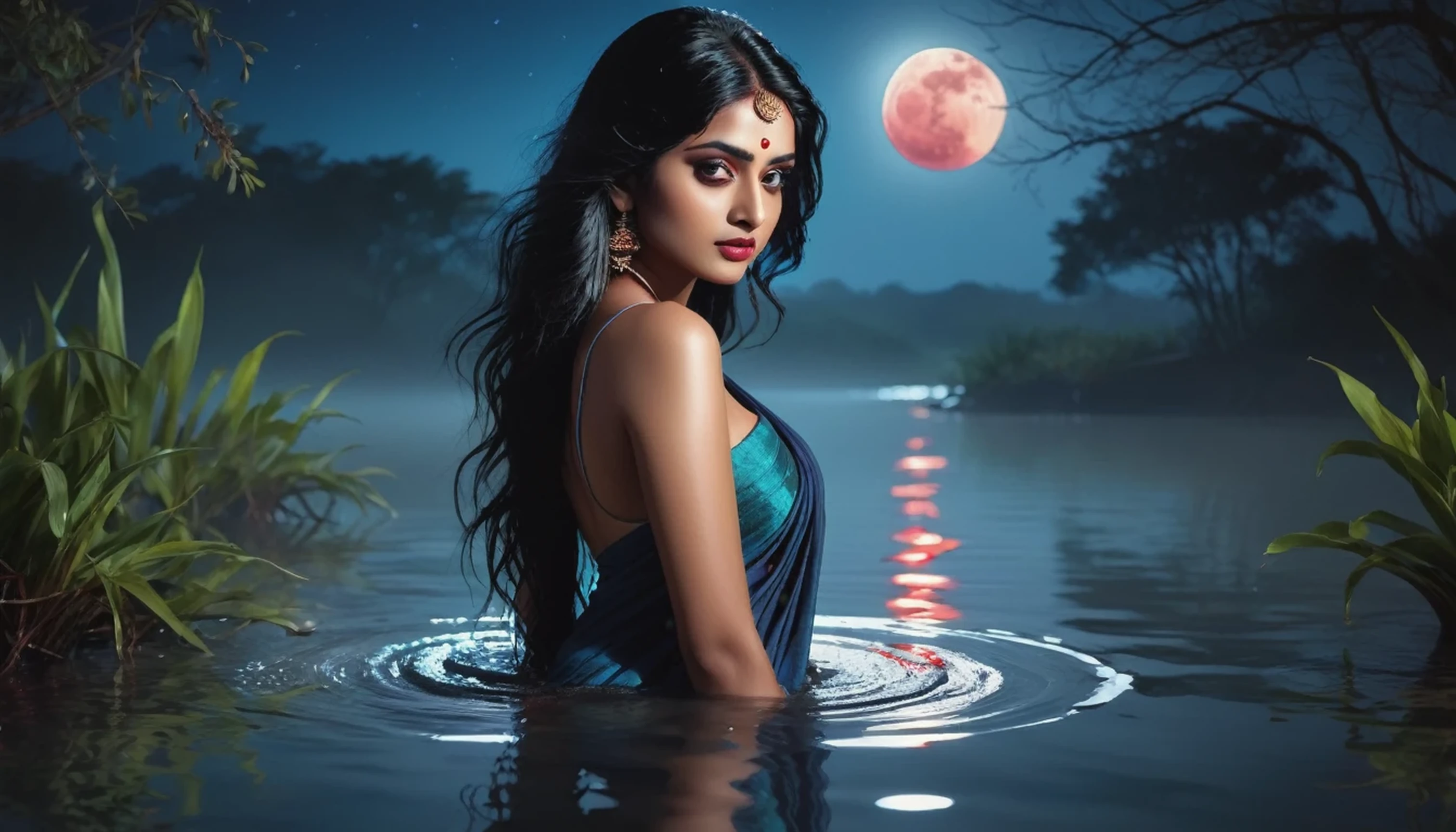 (best quality,4k,8k,highres,masterpiece:1.2), (artistic, digital art effect:1.37),medium:cinematic effect,surreal,indian lady,long black hair,attractive look,piercing eyes,luminous beauty dressed in a sleeveless saree,standing in a pond's shallow water, her half of the body is upon of the water, she's wet, wading gently in the moonlit night, horrifying ambience,ominous shadows in the background,subtle reflections on the water surface,blue reddish effect on the scene,haunting atmosphere created by flickering lights,undulating water,blood-red moon casting an eerie glow on her face,dramatic and intense lighting illuminating her features,creating depth and mystery,emphasizing her presence and enticing gaze,making her appear both alluring and unsettling.