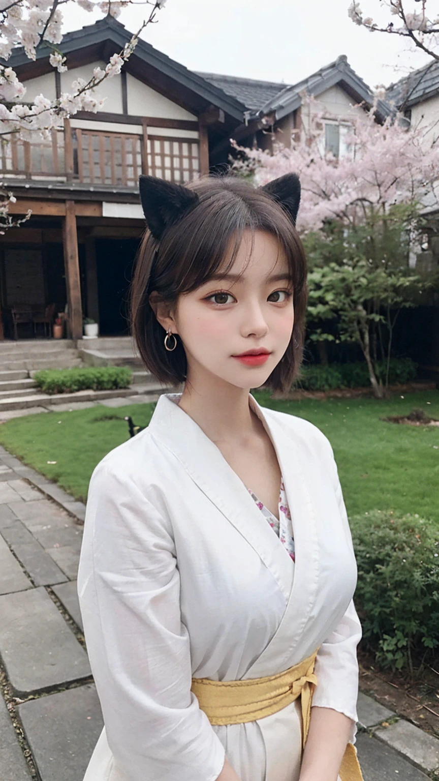 best quality, (masterpiece:1.2), highly detailed, standing, school, indoors, cat ears, 1girl, solo, tojou koneko, looking at the viewer, closed mouth, slight smile, from above, yellow eyes, white hair, short hair , hair ornament, hair in a bun, beautiful, beautiful woman, perfect body, perfect breasts, wearing a kimono, wearing earrings, wearing a watch, being in the garden, cherry trees, traditional Japanese house, looking at the audience, a slight smile, realism, masterpiece, skin textured, super detailed, high detail, high quality, best quality, 1080p, 16k, pure face