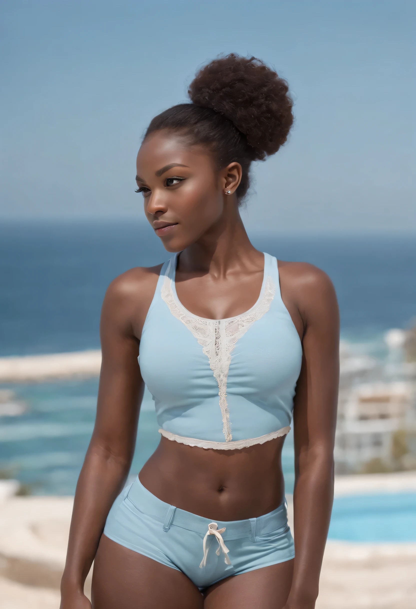 ((African dark skin, very deep ebony skin)), ((her beauty is undeniable)), ((excited cute face)), ((hyper detailed perfect eyes,)), ((cute pose)), (eductive )), sexy, (( tight mesh shirt, sexy short shorts)), ((African long curly afro ponytail hair,)), (( skin)), ((standing, front view)), ((touching her own legs in a sexy pose)), pool, sharp focus cgi, photorealistic, high detail, realistic, masterpiece, absurdres, best quality, HDR, high quality, high-definition, extremely detailed, 8k wallpaper, intricate details, 8K uhd, Full-HD, (realistic photo:1.2), contrast, harsh lighting, cinematic lighting, natural lighting, hard light, backlighting, global illumination, ambient occlusion, ((blue eyes)), big