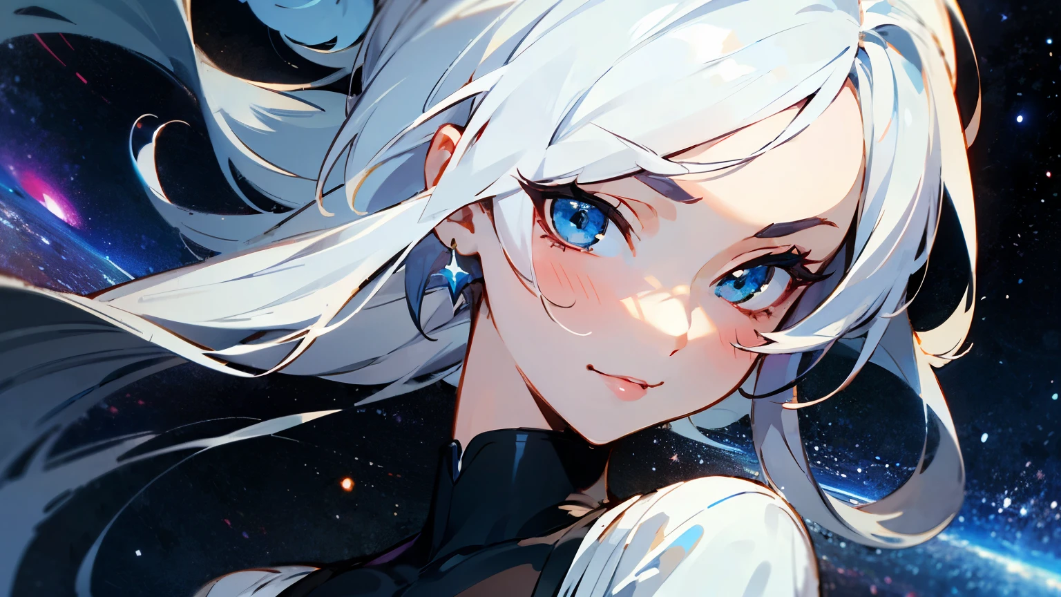 Girl, Longe Hair, White Hair, Pretty Face, Milf Face, Anime traits, Galaxy Scenario, short clothes, Full Body, Naughty Face, Big Bust, Wallpaper.