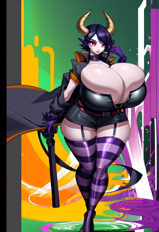 (masterpiece), (absurdres), (1girl), (focus on breasts), (upper body), (solo), (facing viewer), (hands behind back), (atb), (cleavage), (skindentation), (sexy), and (cute) (short) (dragon girl) with (large silver horns with purple lines), (black hair), (red eyes), an (enormous black tail), (slim figure), (huge breasts), (bursting breasts), (wide hips), and (incredibly thin waist) wearing a (black sleeveless trench coat with purple lines), (red crop top), (purple belts crossing her bust in an x), (black shorts with purple lines), (long purple gloves), (red stockings), and (black boots with purple lines)