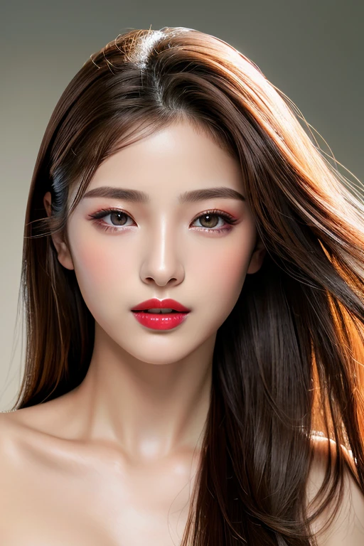 (highest quality、table top、8K、best image quality、Award-winning work)、(one young girl, :1.3)、(red eyeshadow:1.2)、perfect makeup、long eyelashes、Super high-definition sparkling eyes、ultra high definition hair、ultra high resolution glossy lips、Super high resolution perfect teeth、Super high resolution cute face、brown hair、(very long straight hair:1.1)、look at me and smile、[clavicle]、accurate anatomy、(close up of face:1.5)、Luxury love hotel、(The most moody warm lighting:1.2)、blurred background、Super high-resolution glossy and moisturized face、Super high resolution glowing skin、most detailed face、Ultra high resolution detailed faces、ultra high resolution hair、Super high resolution sparkling eyes、Beautiful face drawn in every detail、Super high resolution glossy red lips、(((Naked 1.5)))、(((full nude 1.5)))、(Emphasize the chest1.5)、hair blowing in the wind、