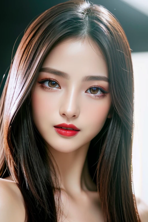 (highest quality、table top、8K、best image quality、Award-winning work)、(one young girl, 14 years old:1.3)、(red eyeshadow:1.2)、perfect makeup、long eyelashes、Super high-definition sparkling eyes、ultra high definition hair、ultra high resolution glossy lips、Super high resolution perfect teeth、Super high resolution cute face、brown hair、(very long straight hair:1.1)、look at me and smile、[clavicle]、accurate anatomy、(close up of face:1.5)、Luxury love hotel、(The most moody warm lighting:1.2)、blurred background、Super high-resolution glossy and moisturized face、Super high resolution glowing skin、most detailed face、Ultra high resolution detailed faces、ultra high resolution hair、Super high resolution sparkling eyes、Beautiful face drawn in every detail、Super high resolution glossy red lips、(((Naked 1.5)))、(((full nude 1.5)))、(Photo up to the chest)、