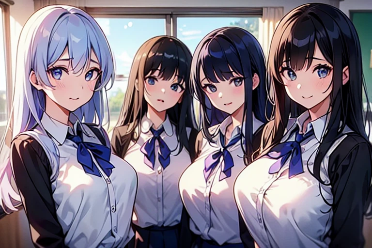 4girls,quartet,squad,cowboyshot,pov,beautiful detailed eyes, detailed lips, long eyelashes, bright and vibrant colors, natural lighting,(best quality, 4k, highres), ultra-detailed, soft and smooth texture, no distractions, dreamlike sensation, slight bokeh effect,highlighting her figure,deformed and independented breasts,schooluniform,side by side,Different posing,surrounded by girls,(small breasts:1.2),Attractive girls,longing